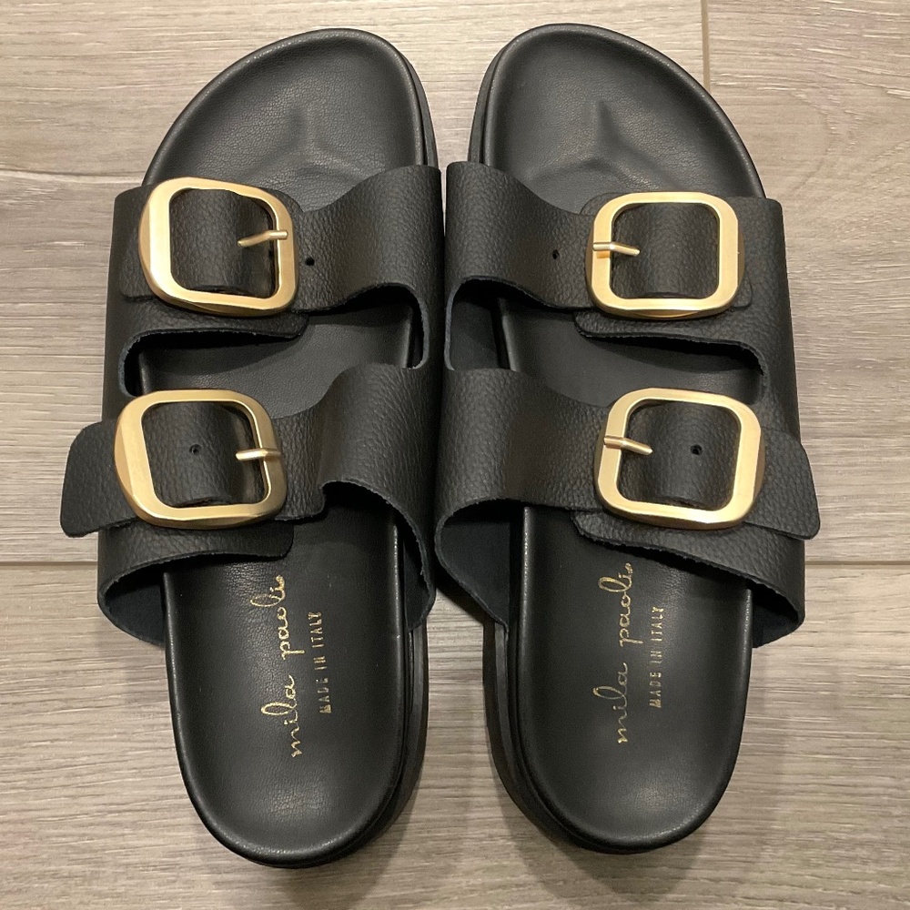 MILA PAOLI ITALY Black Leather Double Buckle Sandals Size 7.5 NEW